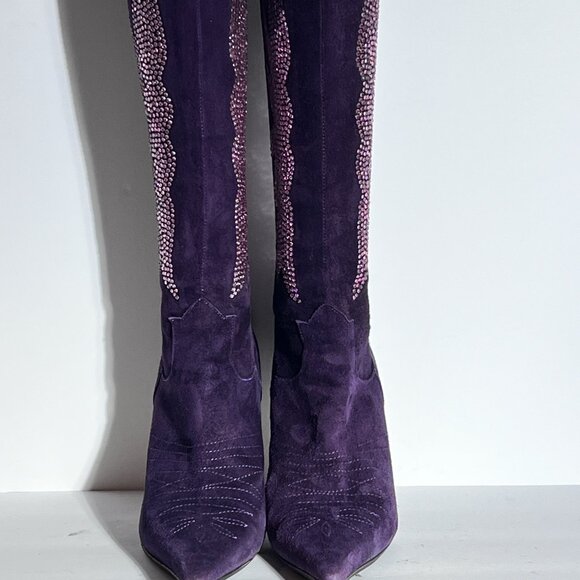 Charles David Purple Suede Pink Swarovski Western Cowboy High Heel Boot Sz 8.5 - Picture 10 of 14